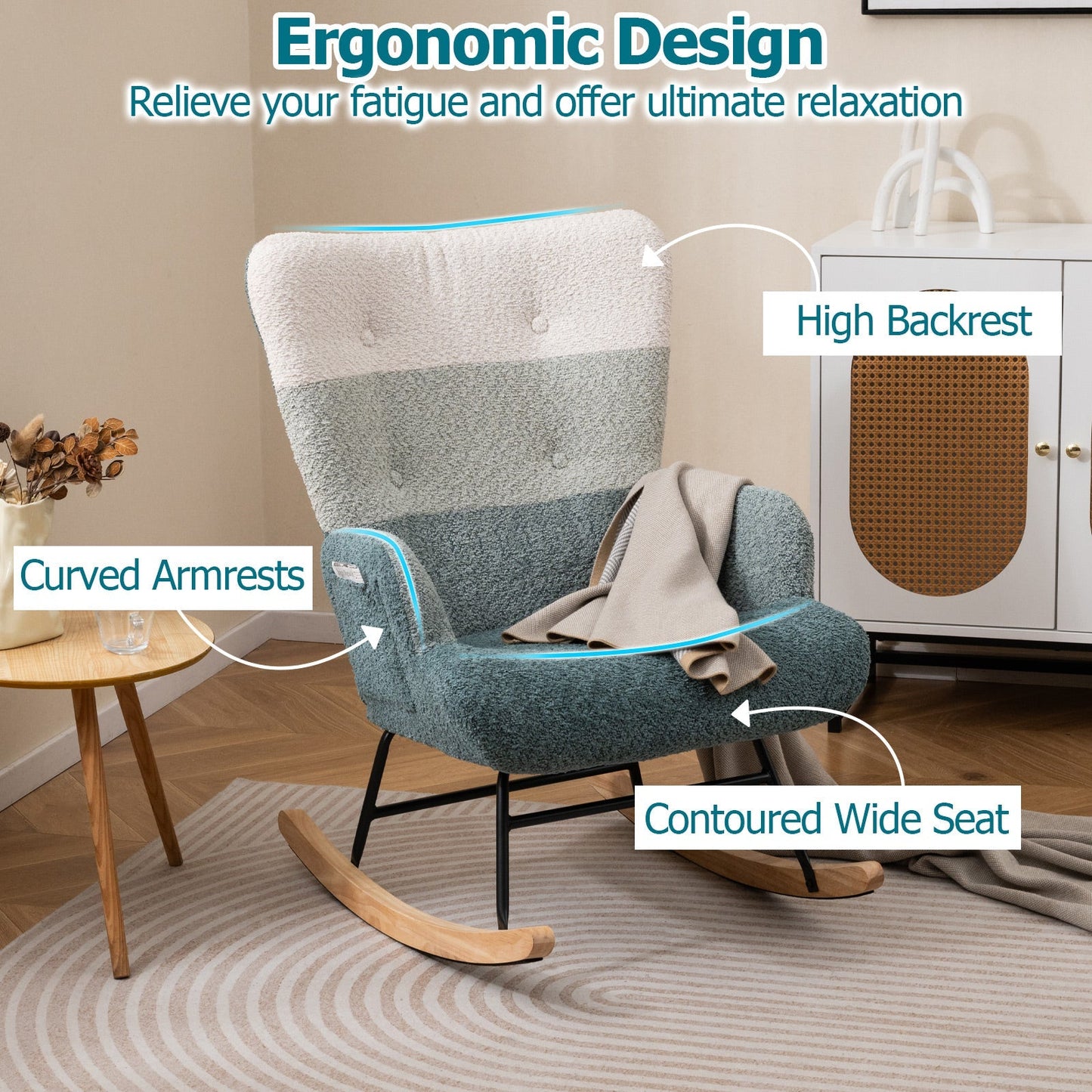 Nursery rocking chair with ergonomic armrests and high backrest contoured wide seat in boucle on Tampa Home & Garden Store