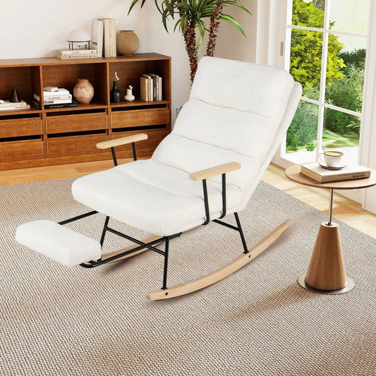 Nursery velvet upholstered rocking chair white with wooden rockers and ottoman on Tampa Home & Garden Store