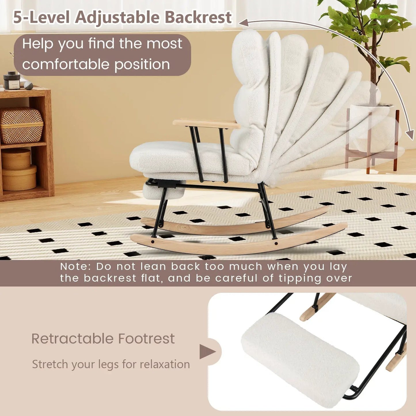 White velvet nursery rocking chair with wooden arms and black metal base in a cozy room on Tampa Home & Garden Store