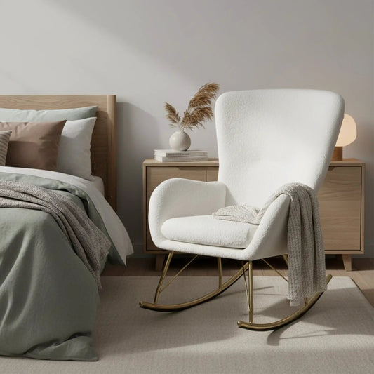 Nursery Rocking Chair white fabric curved backrest and armrests gold metal rocking legs on Tampa Home & Garden Store