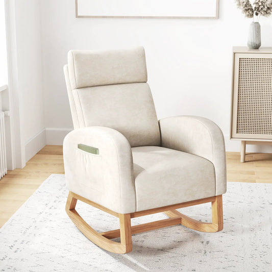 Nursery rocking chair beige chenille with natural wood frame and curved rockers on Tampa Home & Garden Store
