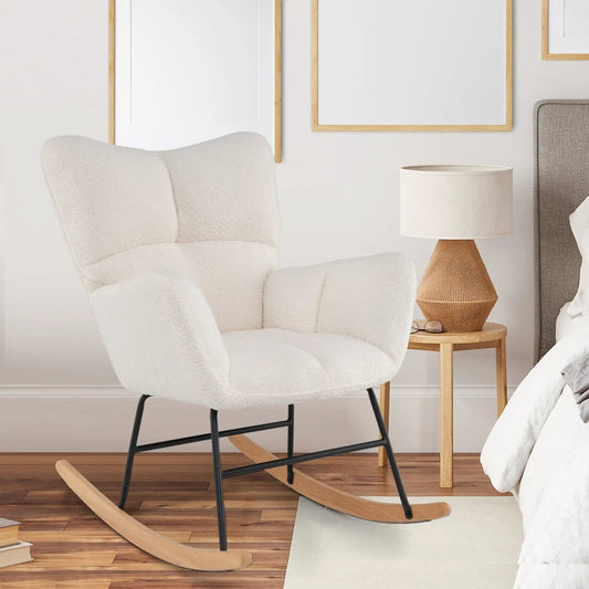 Nursery rocking chair beige boucle fabric with wood rockers and black metal frame on Tampa Home & Garden Store