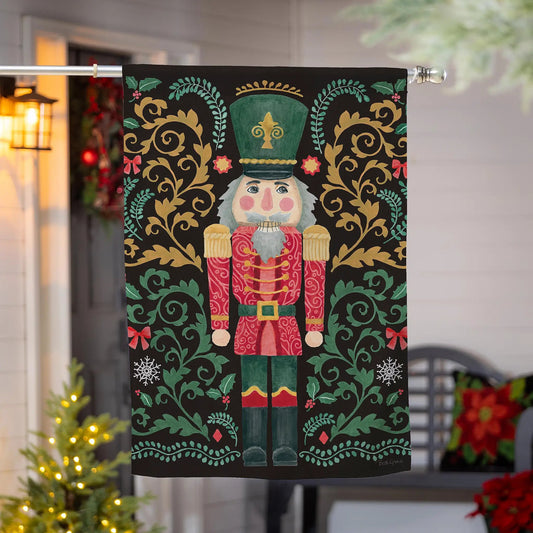 Nutcracker and Sleigh Suede House Flag Evergreen Enterprises, black with green scrollwork on Tampa Home & Garden Store