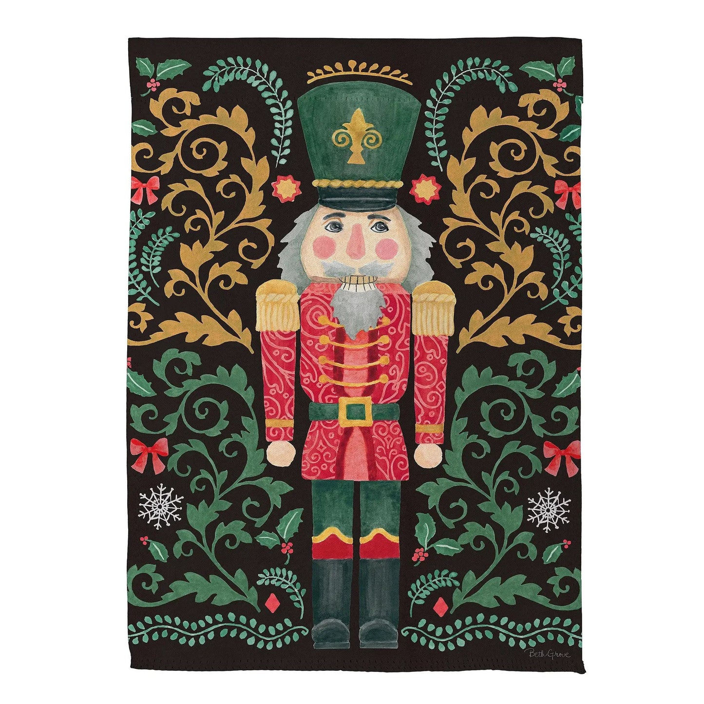 Nutcracker and Sleigh Suede House Flag with green nutcracker and gold scrollwork on black on Tampa Home & Garden Store