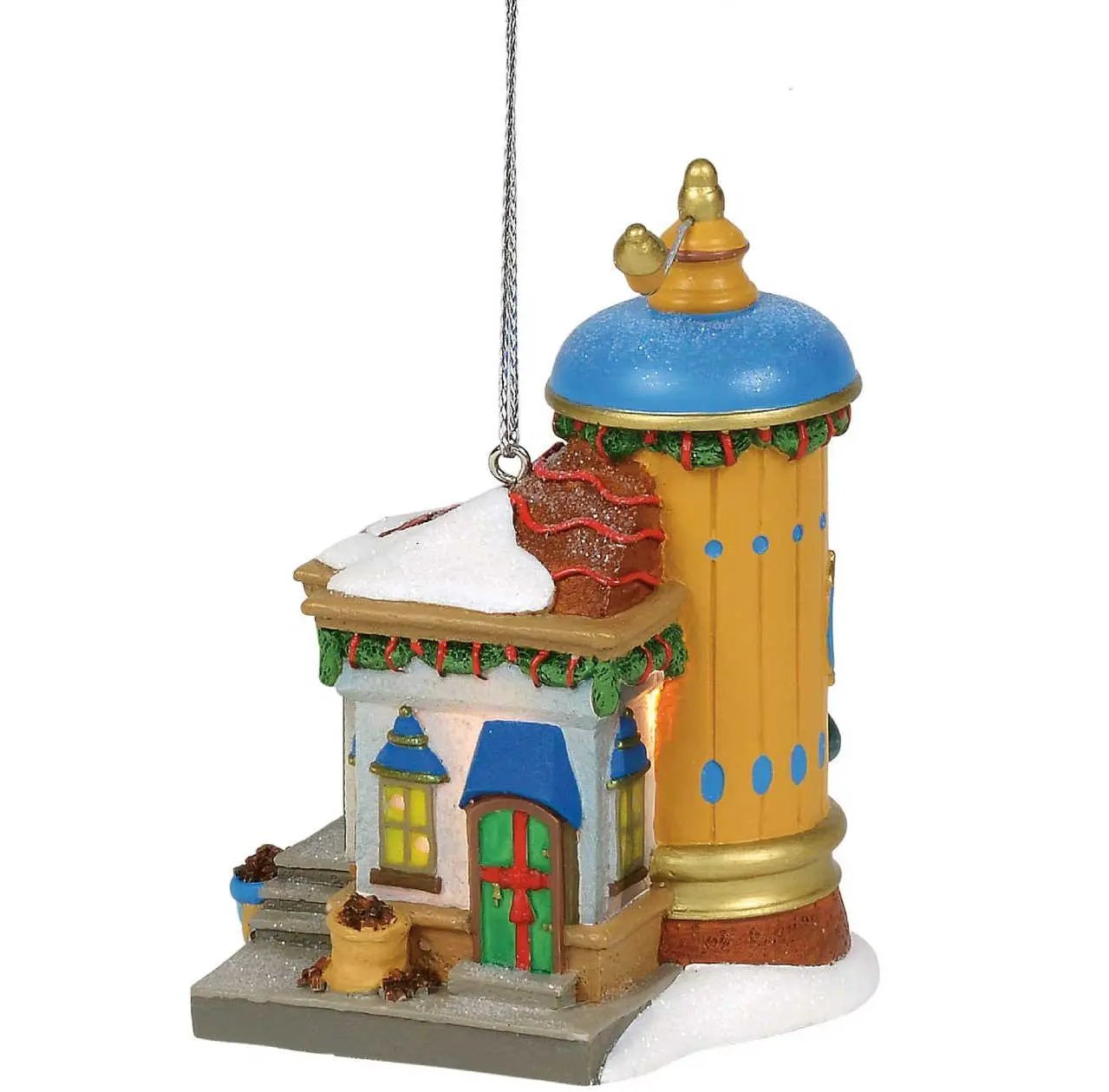 Nutmeg Nook Hanging Cottage Ornament blue dome roof with snow accents and green garland on Tampa Home & Garden Store