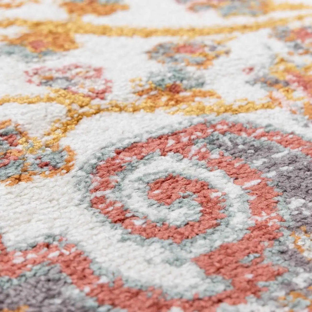 Oark Floral Medallion Area Rug mustard color close-up with cream backdrop and pink gold accents on Tampa Home & Garden Store
