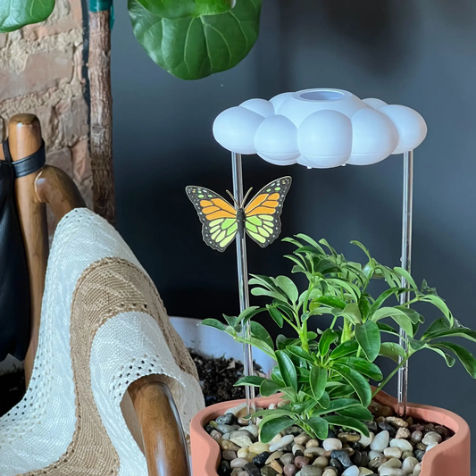 Dripping Rain Cloud lamp with orange butterfly charm, white cloud spheres on metal stand on Tampa Home & Garden Store