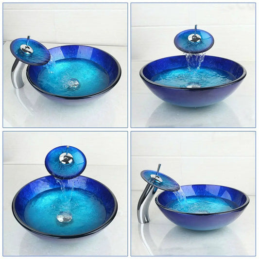 Modern Blue Glass Vessel Sink with Chrome Drain, four-view collage for bathroom on Tampa Home & Garden Store