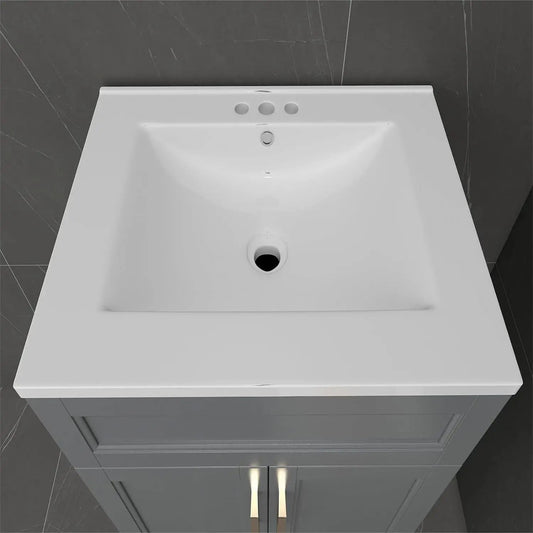 Modern gray wood bathroom vanity with white ceramic sink, three faucet holes, dual-door cabinet on Tampa Home & Garden Store