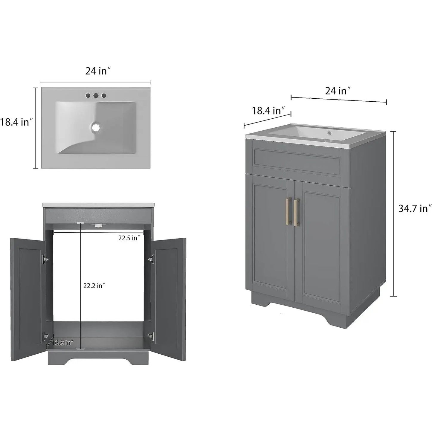 Modern Gray Wood Vanity with White Ceramic Sink, HomePacific, 24in wide on Tampa Home & Garden Store