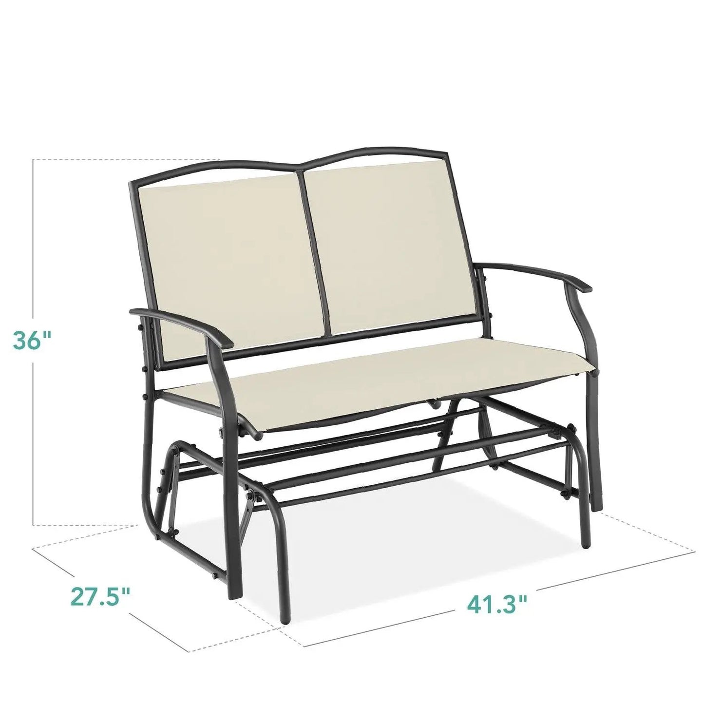 2-seat mesh patio loveseat swing glider with off-white cushions and black frame on Tampa Home & Garden Store