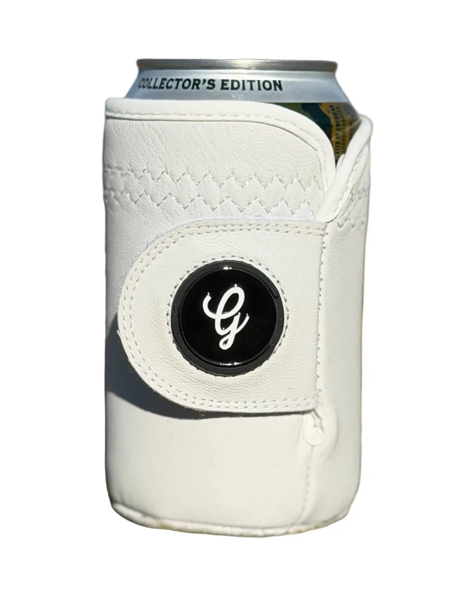 Gloozie leather beverage holder can sleeve with ball marker, white stitched exterior on Tampa Home & Garden Store