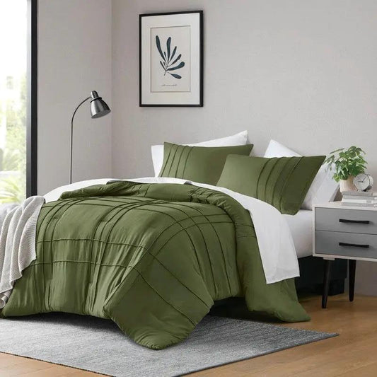 Queen microfiber pleated olive green comforter with white sheets and green shams on Tampa Home & Garden Store
