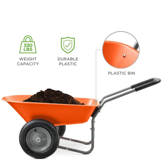 Heavy Duty 2-Wheel Rust-Proof Wheelbarrow with orange plastic bin on Tampa Home & Garden Store