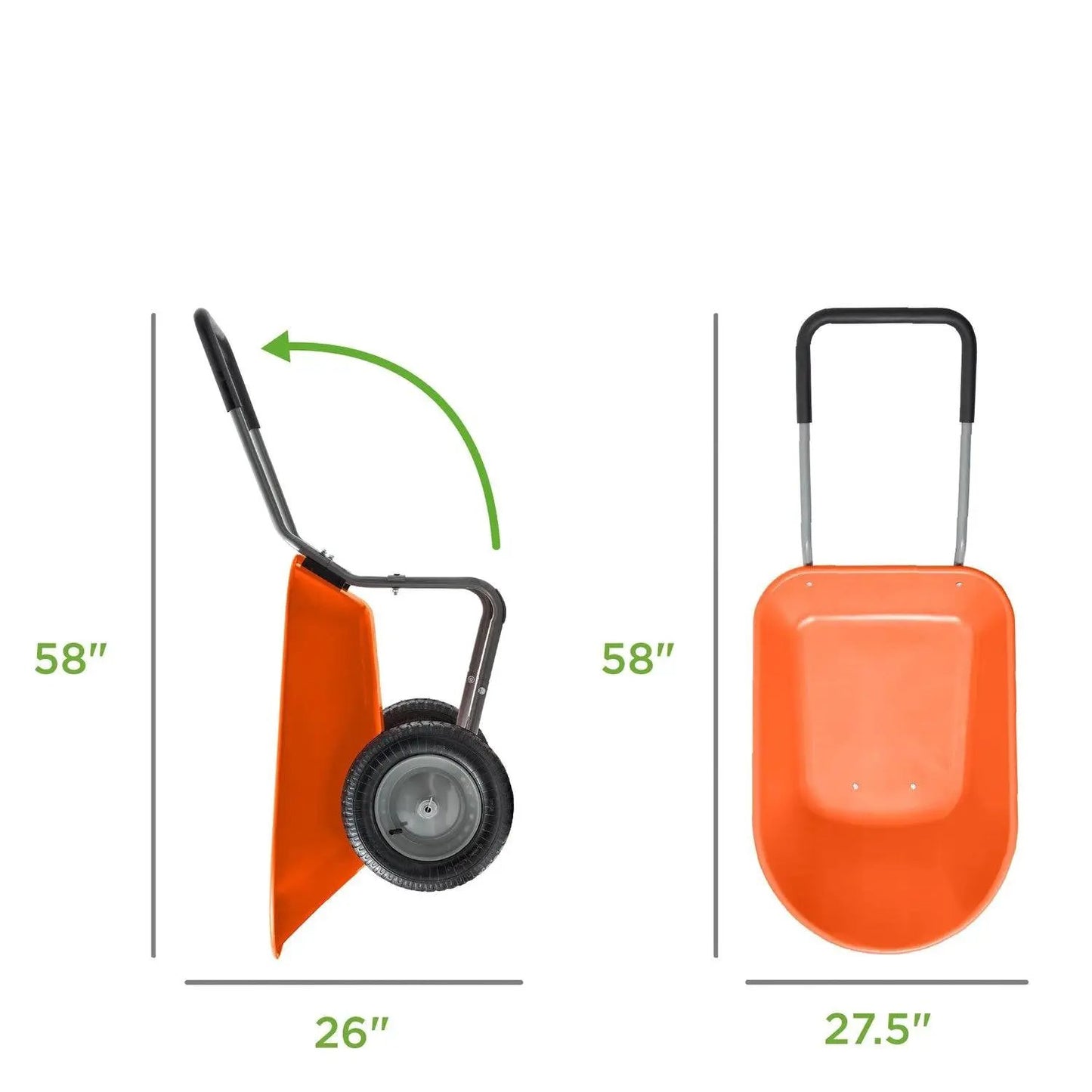 Heavy-duty orange two-wheel wheelbarrow with rust-proof tray and ergonomic handles on Tampa Home & Garden Store