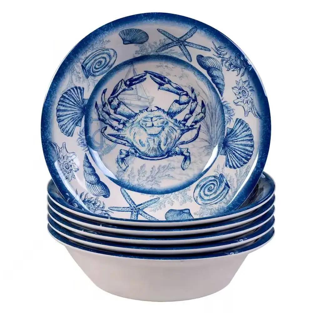 6-Piece Dinner Bowl Set with Blue White Ocean Sea Shells Crab Starfish Pattern - Tampa Home & Garden Store
