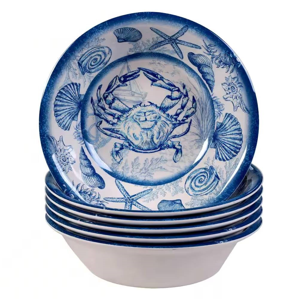 Juego de 6 tazones para cena con patrón de conchas marinas, cangrejos y estrellas de mar, en azul y blanco
