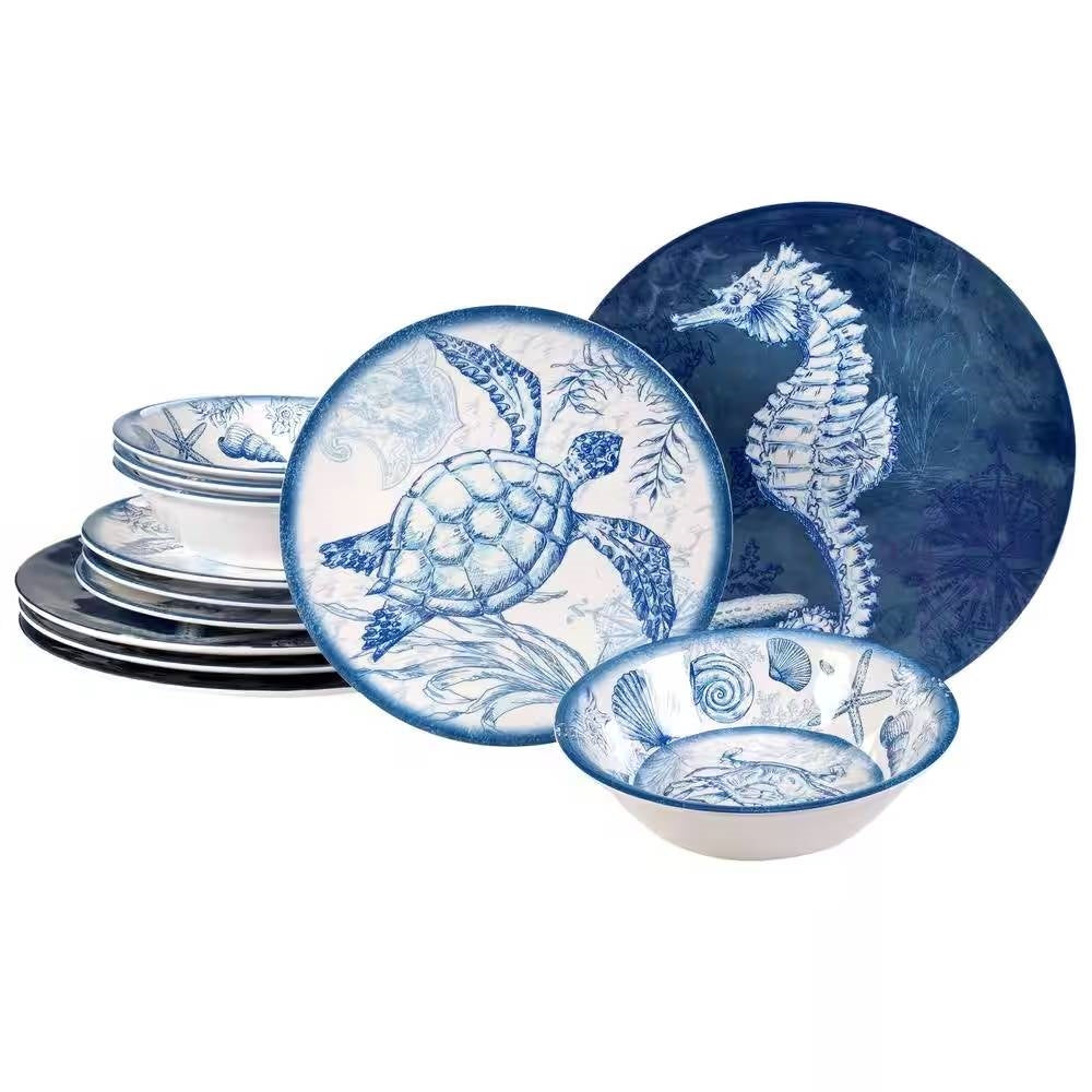 Juego de vajilla de 12 piezas con temática marina de conchas, en azul y blanco, servicio para 4 personas
