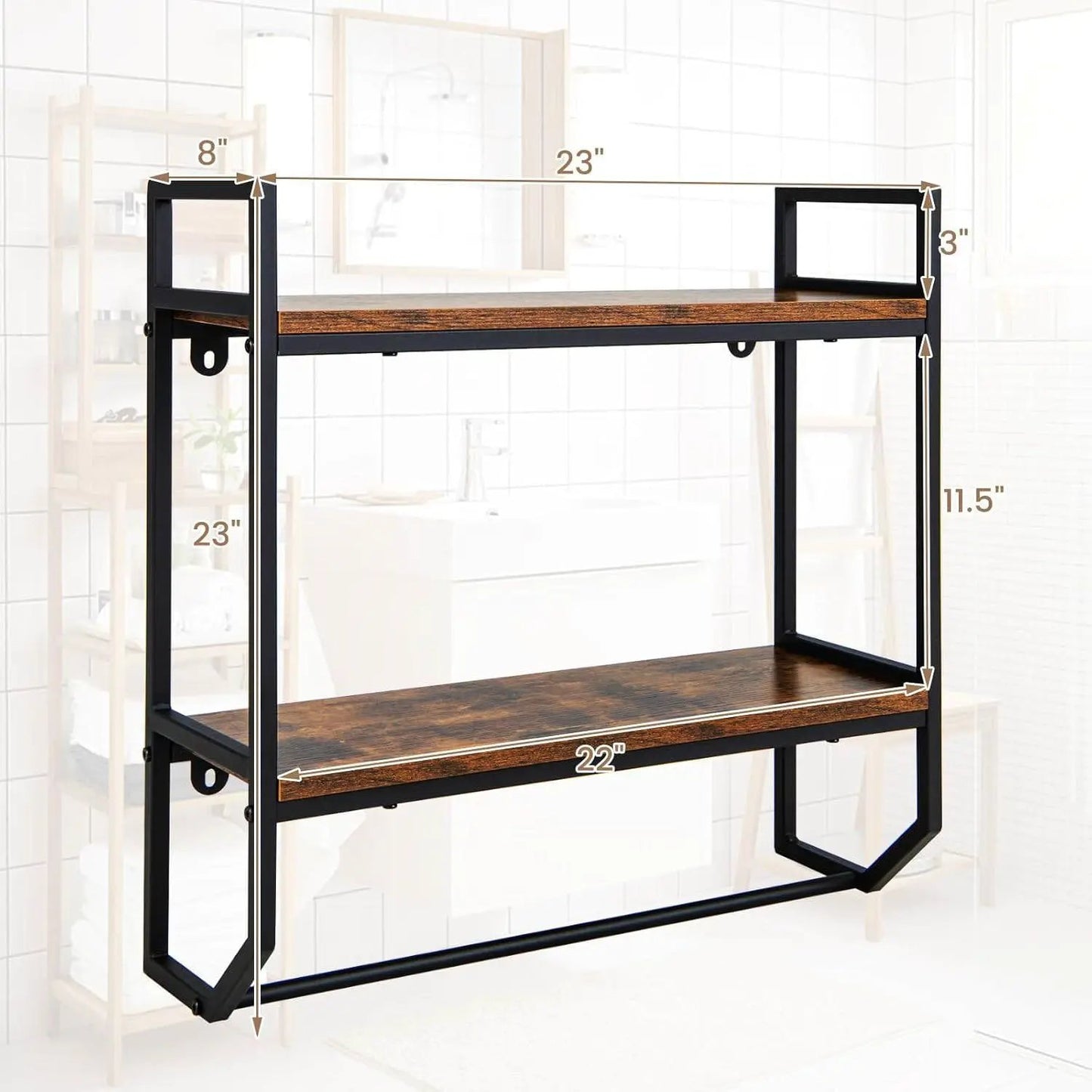 Wall Mounted Over Toilet 2-Shelf Bathroom Shelving Unit with Towel Bar - Tampa Home & Garden Store