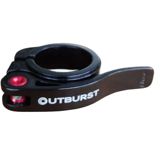 Outburst BMX Pro seat clamp quick release, black clamp with red bolt and visible OUTBURST branding on body on Tampa Home & Garden Store
