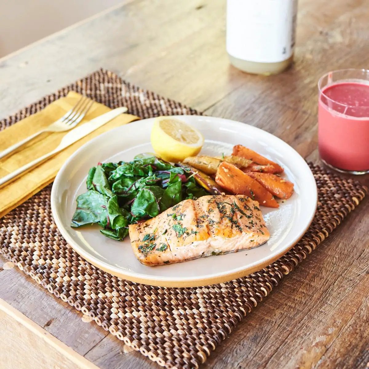 The OWL Venice Reset 21 Day Organic Cleanse Program plate with herb salmon and greens on Tampa Home & Garden Store