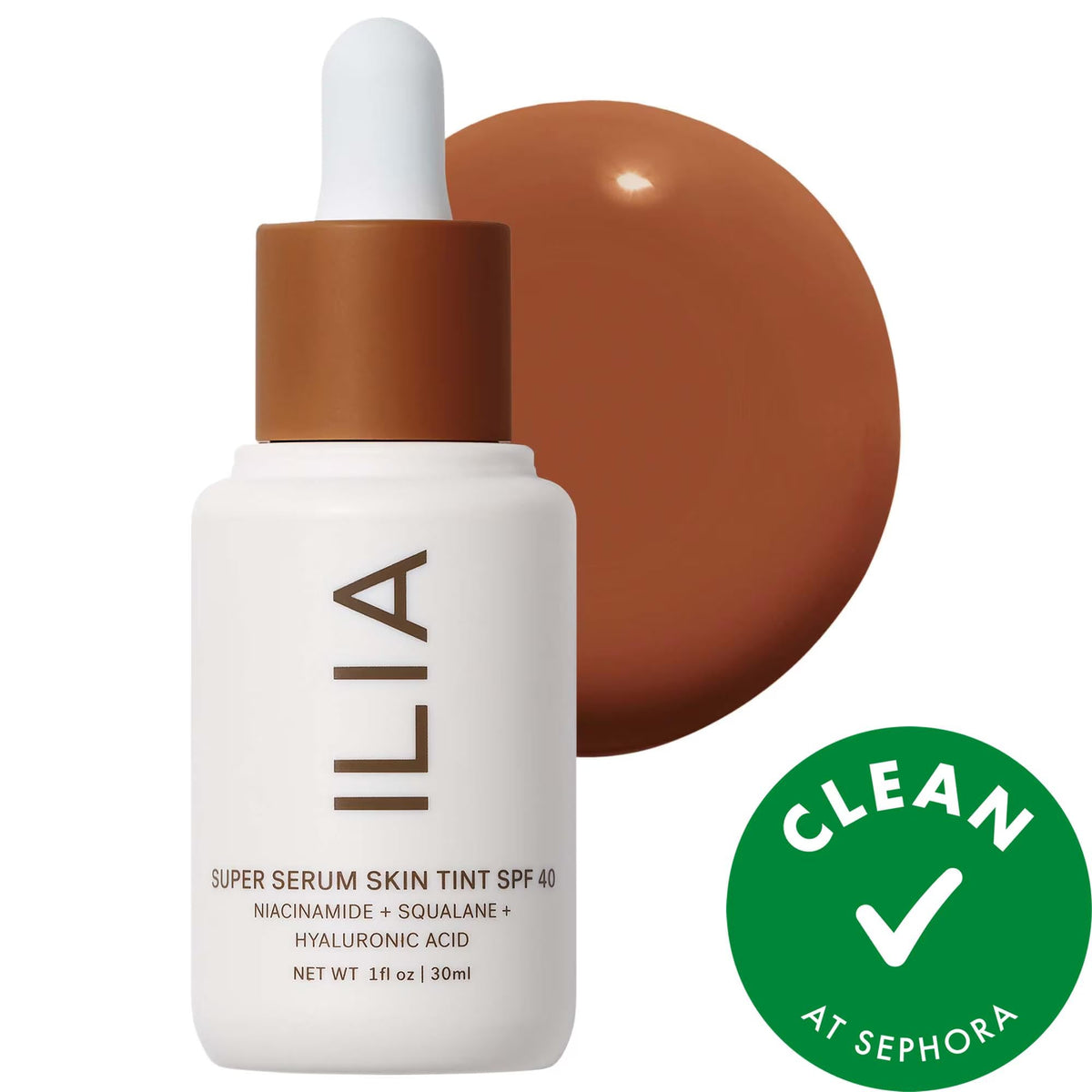 Ilia Super Serum Skin Tint SPF 40 foundation bottle with white body, brown cap, vegan seal on Tampa Home & Garden Store