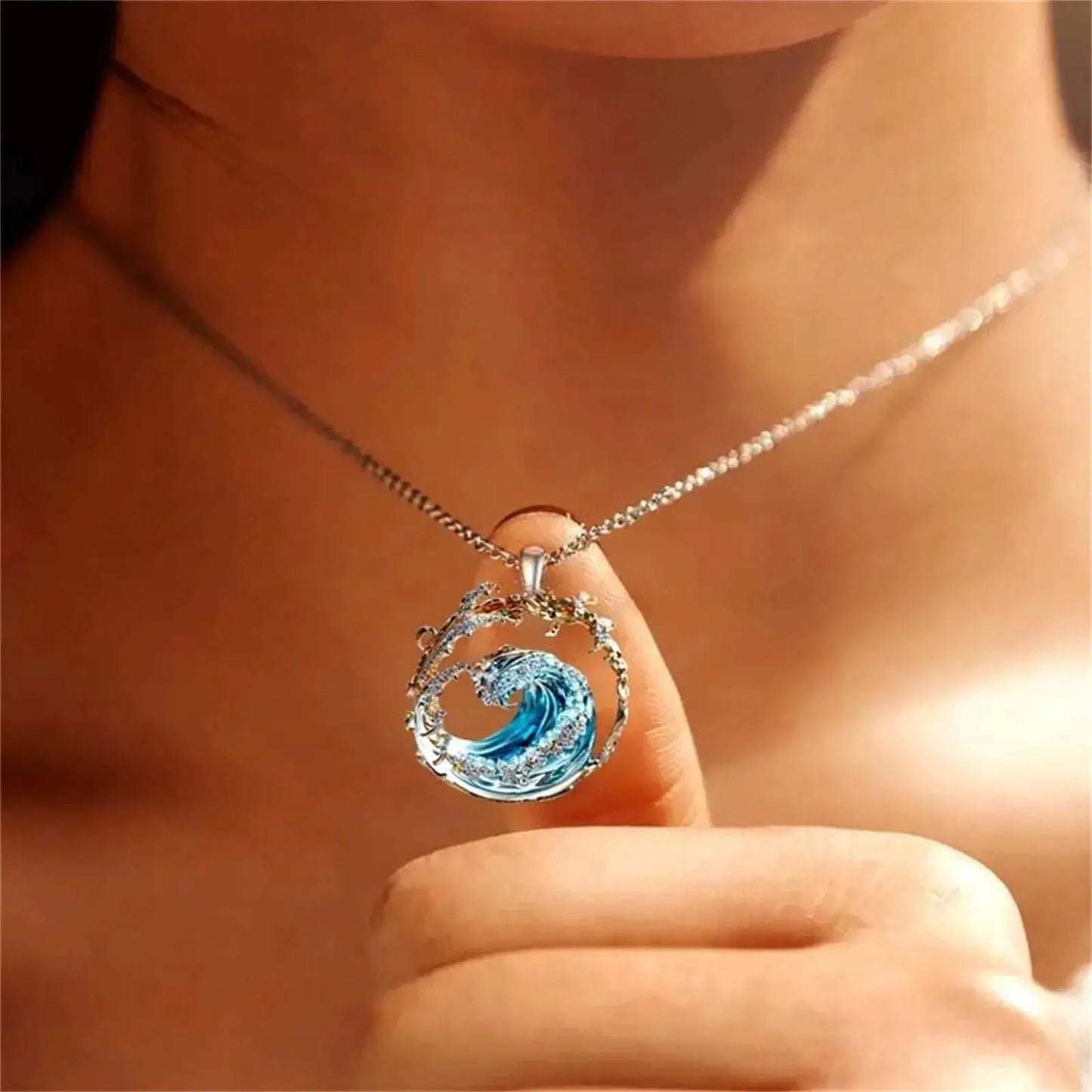 Ocean Wave Pendant Necklace stainless steel with blue enamel wave circle on Tampa Home & Garden Store