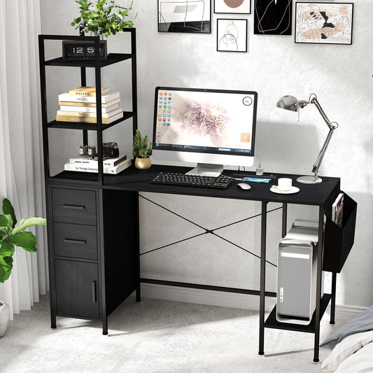 Office Desk with LED Lights and Power Outlets Computer Desk with Open Shelves-Black - Tampa Home & Garden Store