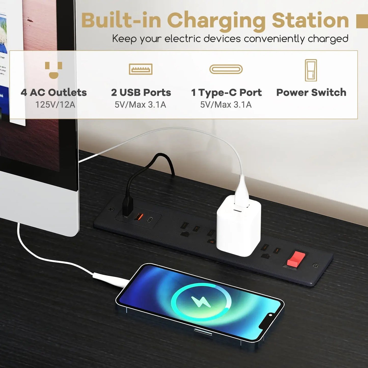Office desk with LED lighting and 4 AC outlets, USB-C & USB ports, black DirectDeals desk on Tampa Home & Garden Store