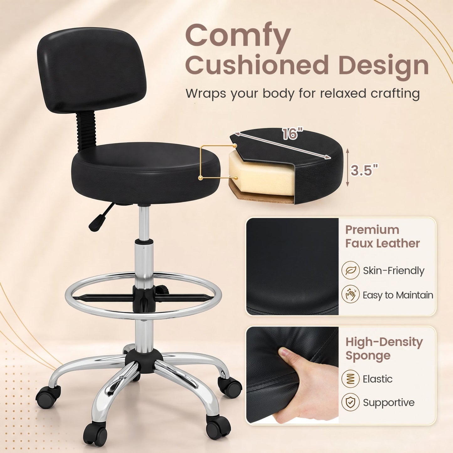 DirectDeals drafting chair with adjustable height and footring, black faux leather, chrome base on Tampa Home & Garden Store