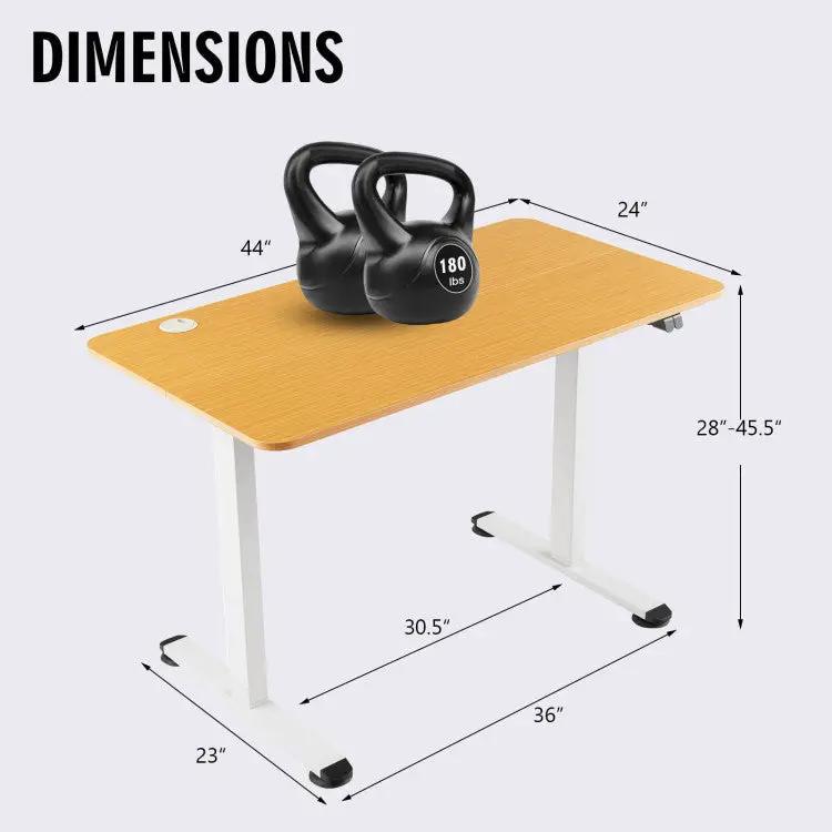 5 Tier Bamboo Shelf and Electric Standing Desk setup with two kettlebells on bamboo top; dimension on Tampa Home & Garden Store