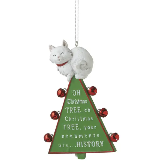 Oh Christmas Tree Cat Ornament with Red Bells, white cat on green tree by Country Christmas Loft on Tampa Home & Garden Store