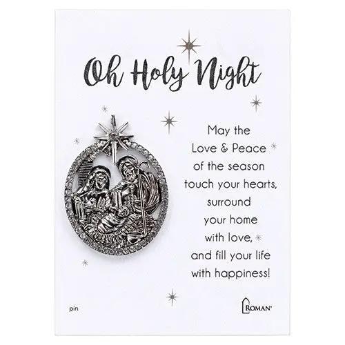Oh Holy Night Nativity pin, silver-tone circle frame with nativity scene Country Christmas Loft on Tampa Home & Garden Store