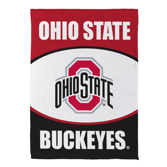 Ohio State suede house flag with red header, white OHIO STATE lettering and Buckeyes emblem on Tampa Home & Garden Store