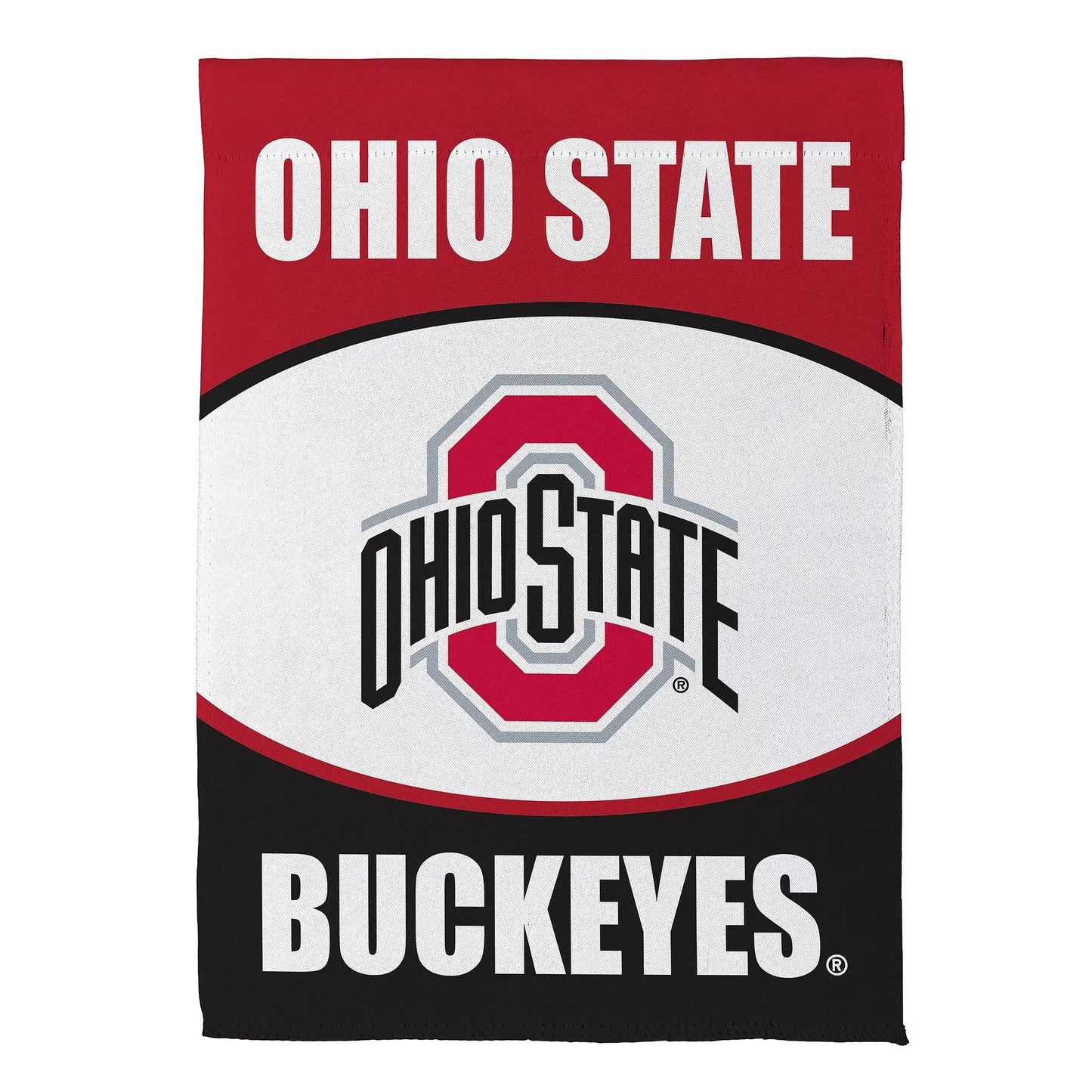 Ohio State suede house flag with red header, white OHIO STATE lettering and Buckeyes emblem on Tampa Home & Garden Store