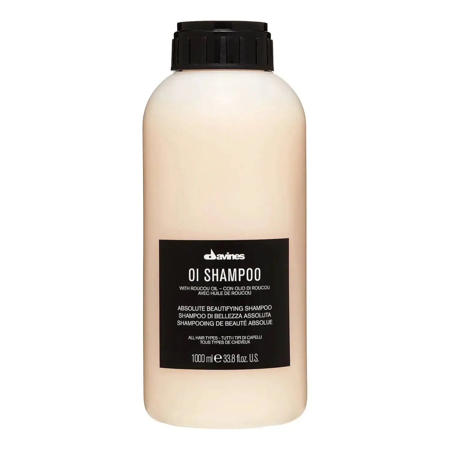 Davines OI Shampoo bottle, beige plastic with black cap, 1000 ml on Tampa Home & Garden Store
