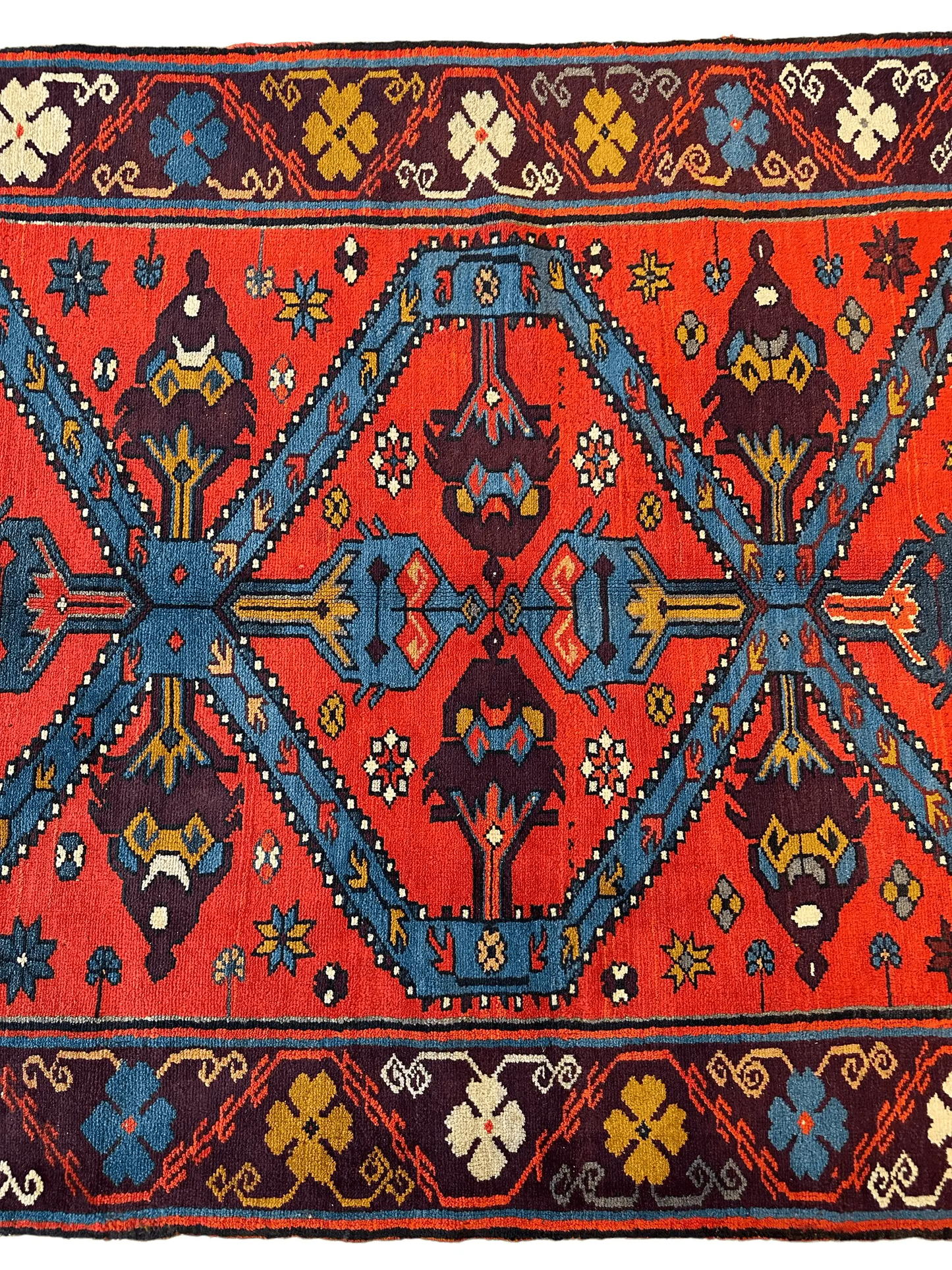 Old Derbent Dagestan Rug 4x7 hand-knotted wool, red field with blue borders, Rugistan on Tampa Home & Garden Store