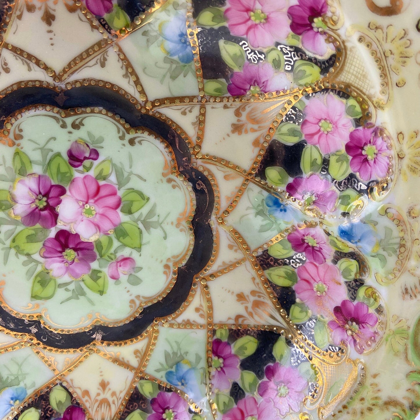 Old Hand Painted Porcelain Serving Bowl or Decorative Victorian Centerpiece with Scalloped Edges. Rich Gold Beaded Framework. Roses Motif. - Tampa Home & Garden Store