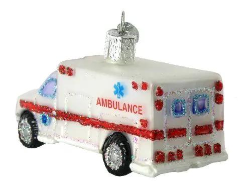 Old World Christmas Ambulance Glass Ornament white ambulance with red stripe and blue star on Tampa Home & Garden Store