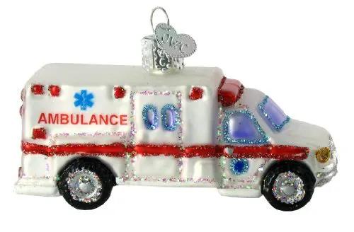 Ambulance glass ornament, white body with red stripe, Old World Christmas on Tampa Home & Garden Store