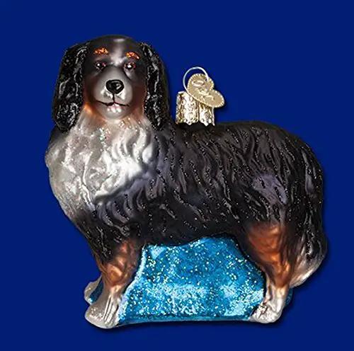 Old World Christmas Bernese Mountain Dog Ornament, black white & brown on blue base on Tampa Home & Garden Store