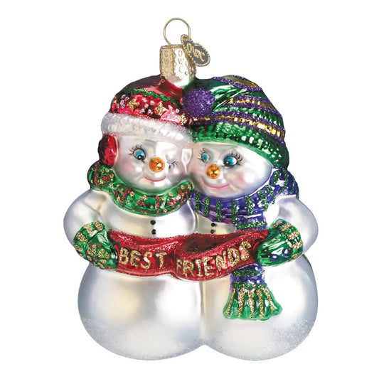 Old World Christmas Best Friends Snowman Ornament with two hugging snowmen in knit hats on Tampa Home & Garden Store