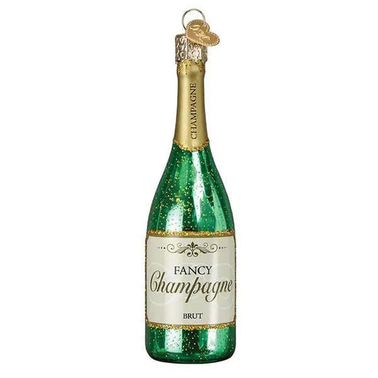 Old World Christmas Champagne bottle ornament, green glass with gold cap and white label on Tampa Home & Garden Store