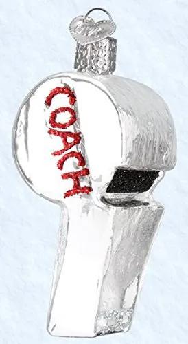 Old World Christmas Coach's Whistle ornament, silver glass with red COACH lettering on Tampa Home & Garden Store