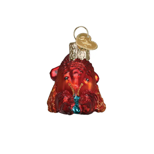 Old World Christmas Crawfish glass blown ornament, red with gold cap and heart charm on Tampa Home & Garden Store