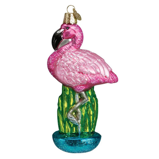 Old World Christmas Flamingo Glass Ornament pink flamingo with glitter blue base on Tampa Home & Garden Store