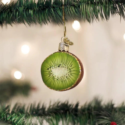 Old World Christmas Kiwi Ornament handcrafted green kiwi slice with glitter edge on Tampa Home & Garden Store