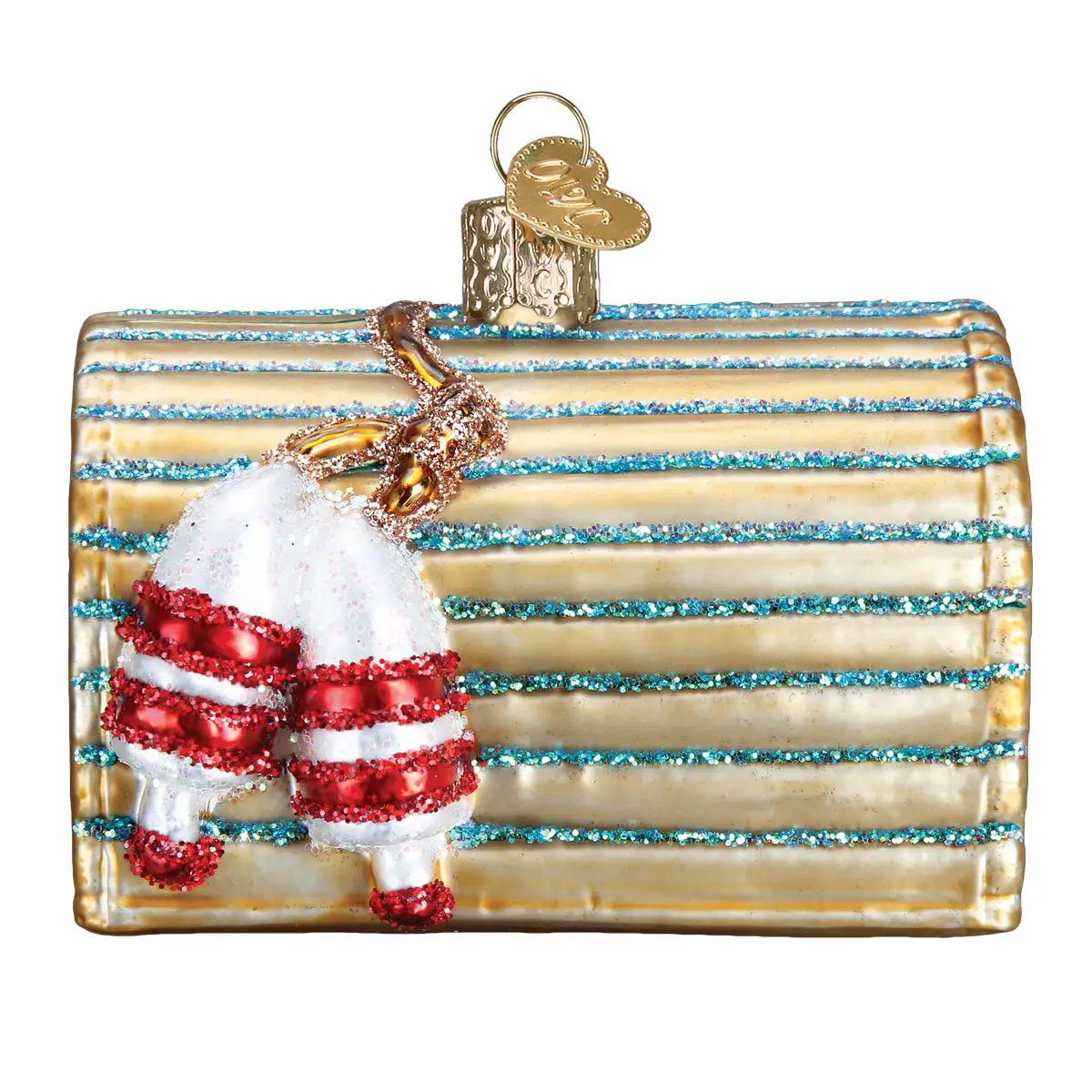 Old World Christmas Lobster Trap Ornament, gold glass with blue glitter stripes on Tampa Home & Garden Store