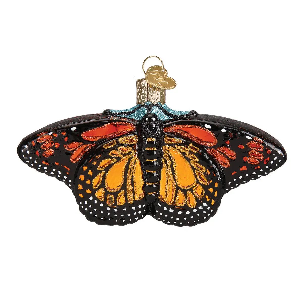 Monarch Butterfly Ornament by Old World Christmas with glittery orange and black wings on Tampa Home & Garden Store