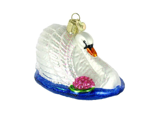 Monet's Swan Ornament glass white swan on blue water with pink bloom The Country Christmas Loft on Tampa Home & Garden Store